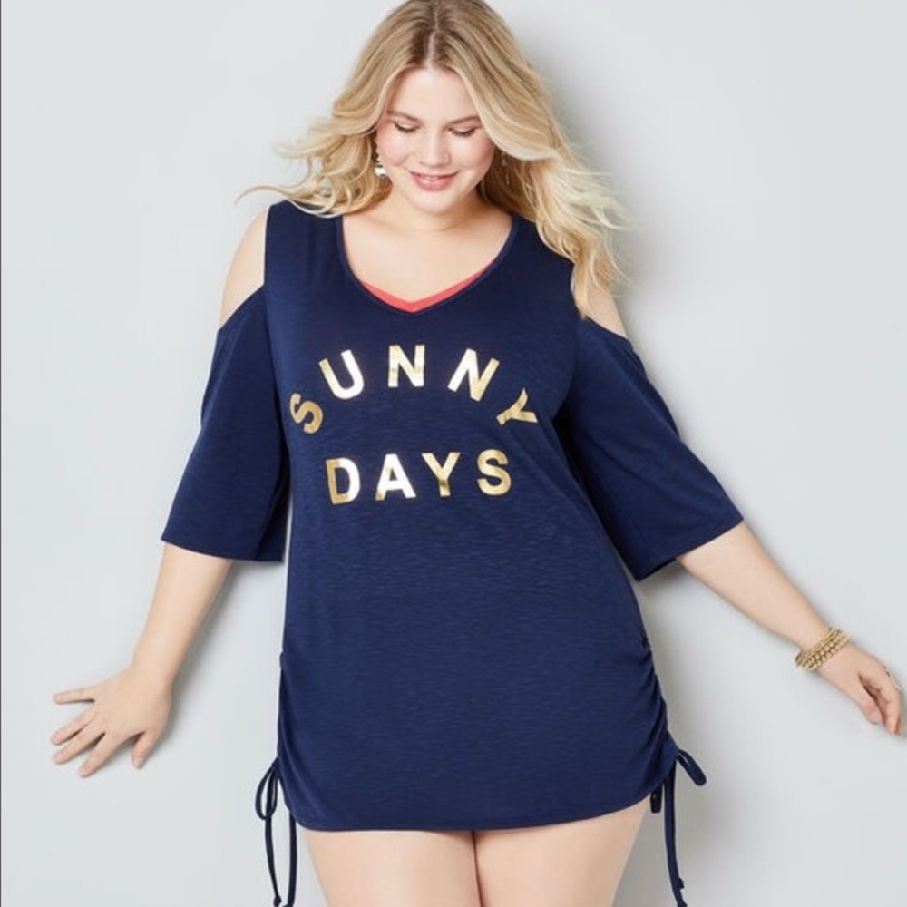 Avenue Womens Blue Sunny Days V Neck Cold Shoulder Swim Cover Top Sz 18/20